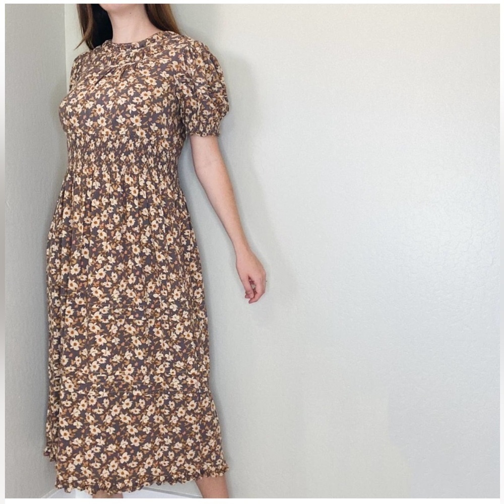 Bohme Brown Floral Praire Puff Sleeve Boho Midi Dress Size M